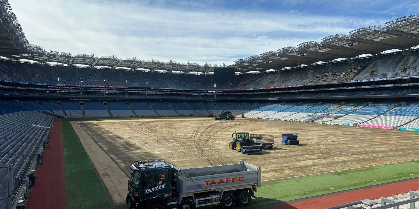 Taaffe Renault K440 tipper on the pitch at Croke Park during a pitch reconstruction